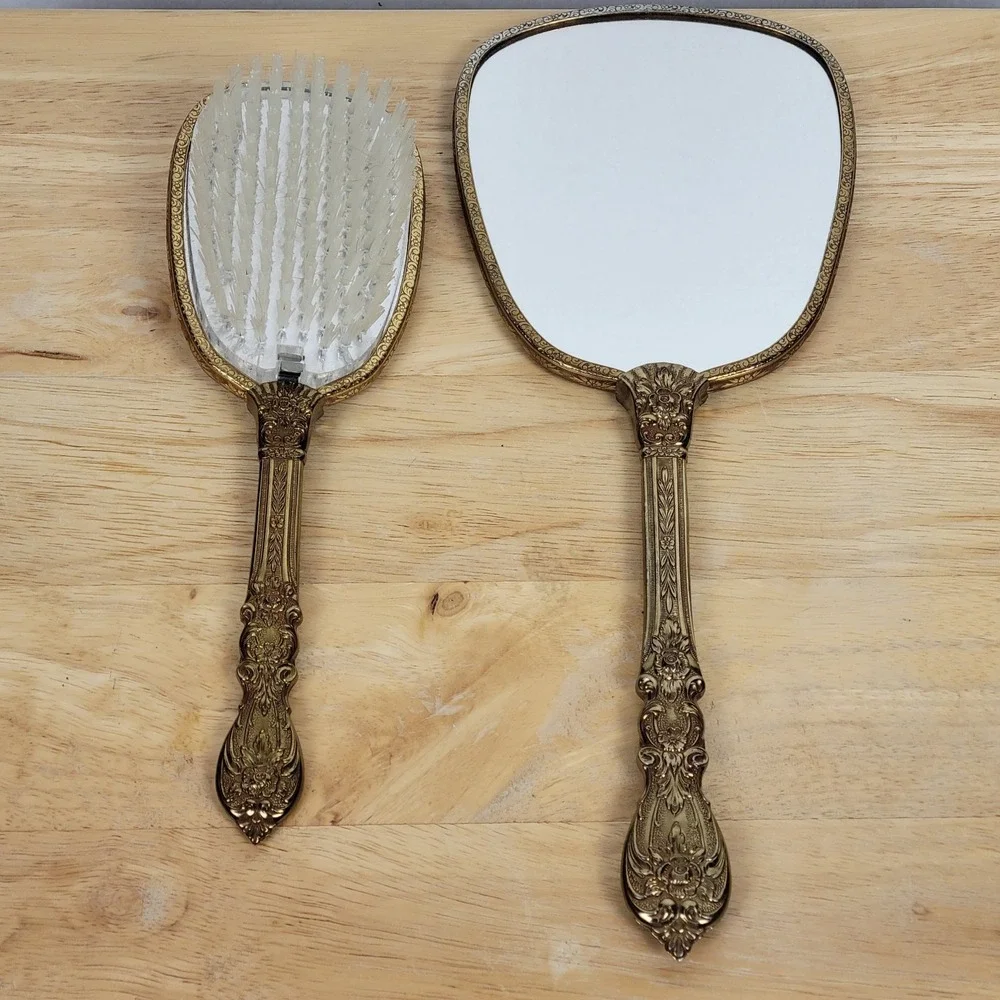 Hollywood Regency Antique Gold Gilt Mirror Brush Set Ornate Floral Mid Century‎
